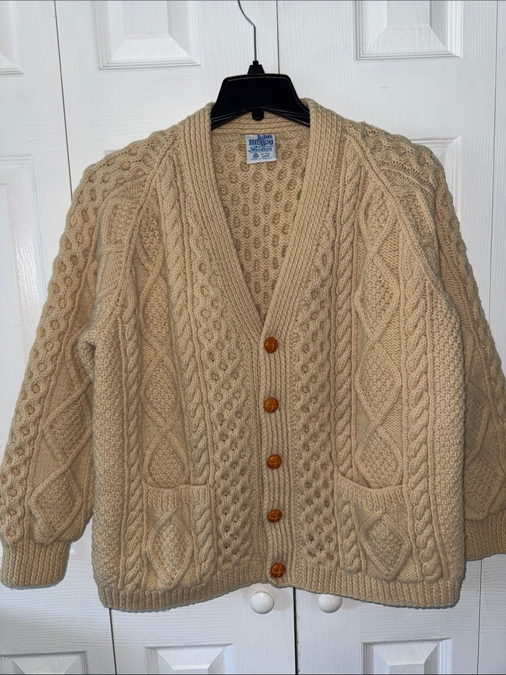 John Molloy Handknit Cream Wool Cable Cardigan Sz M